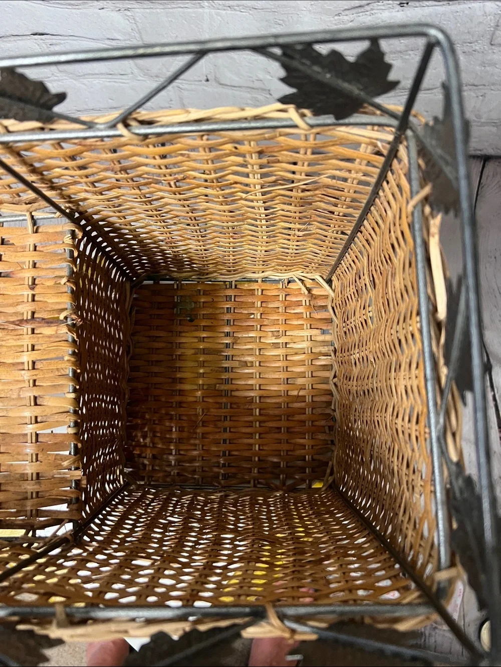 Vintage stair step Wicker Basket Metal Maple Leaf Handle Rustic Farmhouse Decor